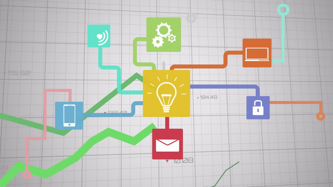 디지털 아이콘 네트워크의 애니메이션과 회색 배경에 대한 통계 데이터 처리