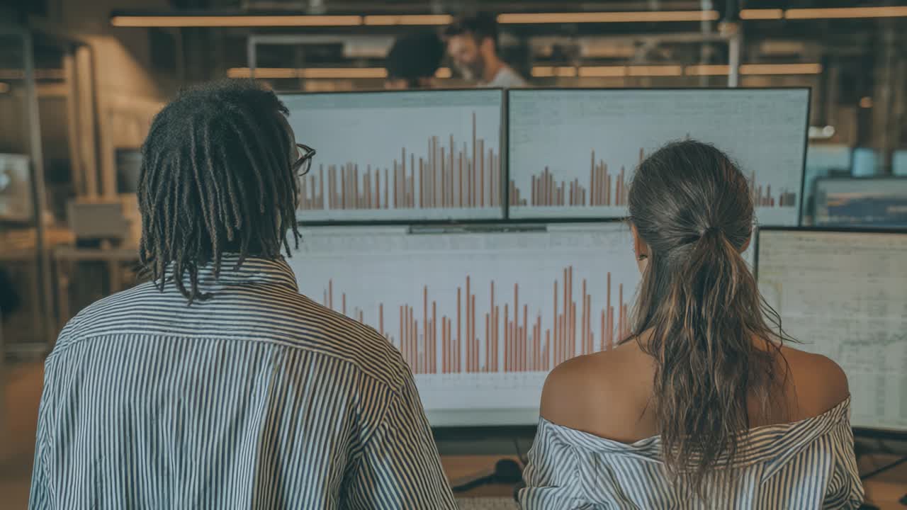 Analisi in Azione: Individui che osservano visualizzazioni di dati su più monitor in uno spazio di lavoro moderno, focalizzato sulla collaborazione di squadra e la generazione di insight.