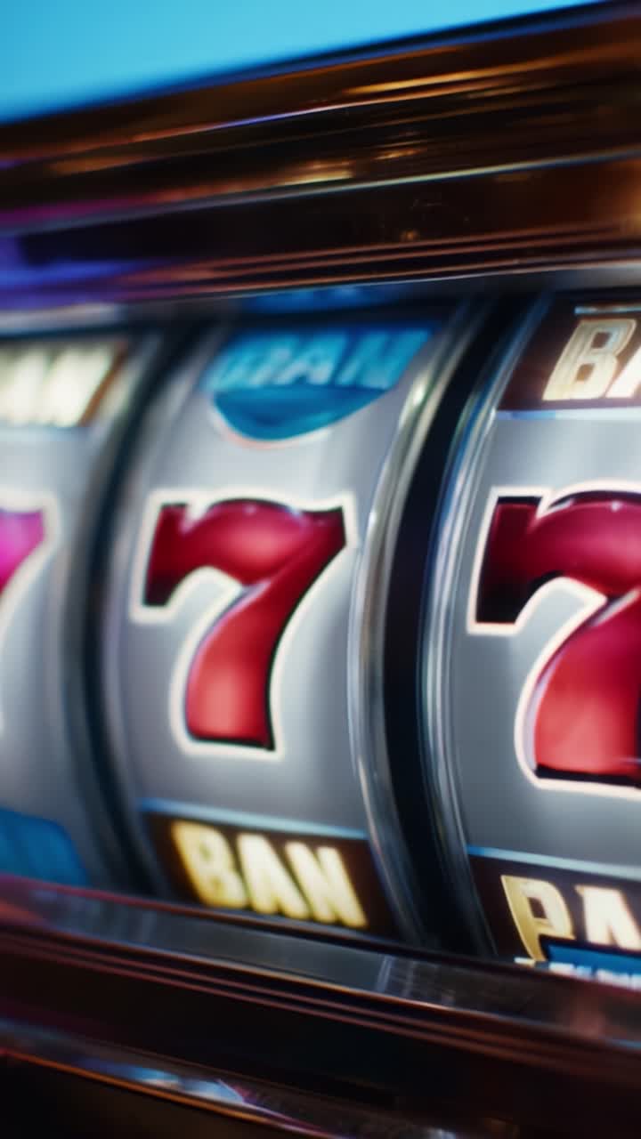 Emozionante primo piano di una slot machine classica con vivaci sette rossi e simboli colorati, che cattura i giocatori d'azzardo con il suo display vibrante e l'attesa