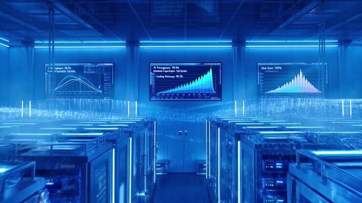 Futuristic Data Center Server Room with Holographic Data Visualization