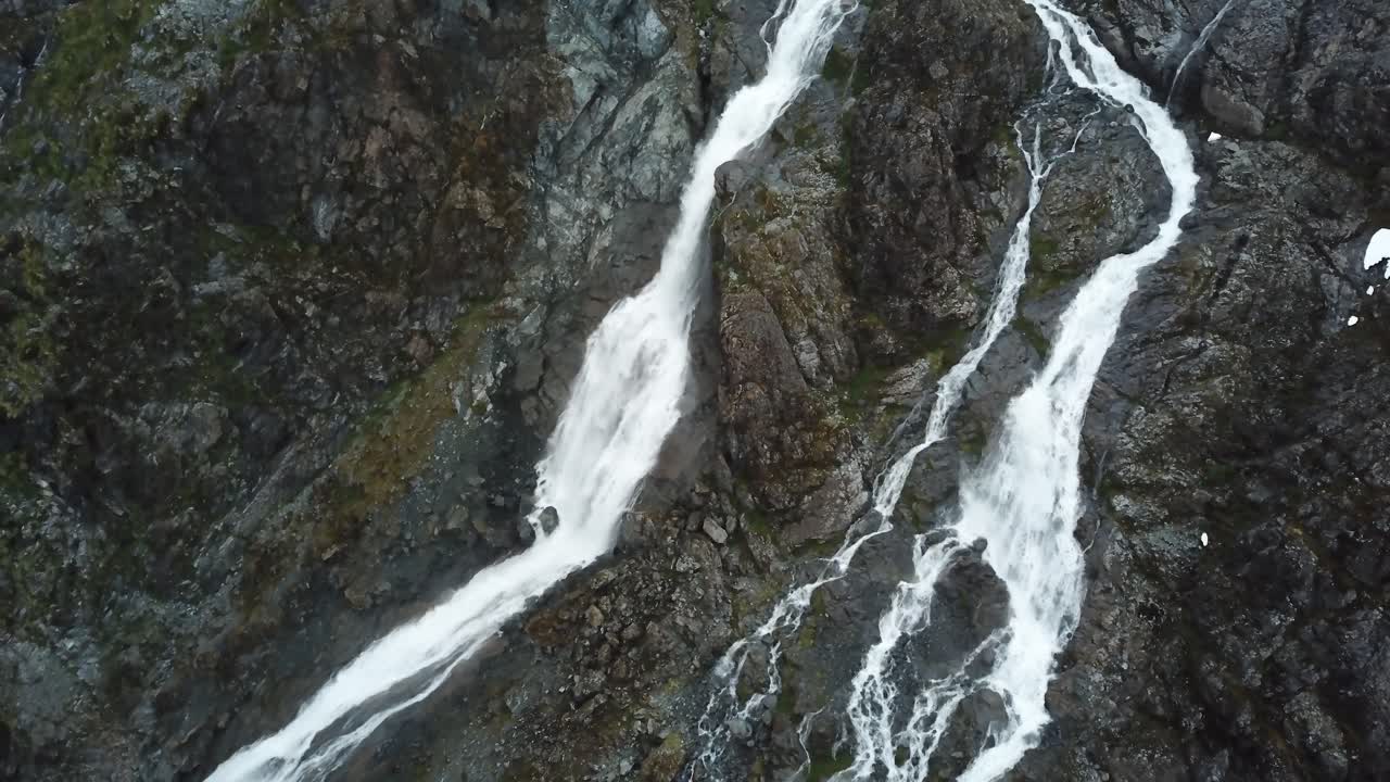 Drone Aerial View of Wild Alpine Waterfalls in Queulat National Park, Chile
