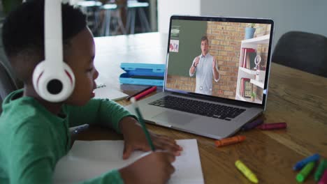 Niño-Afroamericano-Haciendo-La-Tarea-Mientras-Hace-Una-Videollamada-Con-Un-Maestro-En-Una-Computadora-Portátil-En-Casa