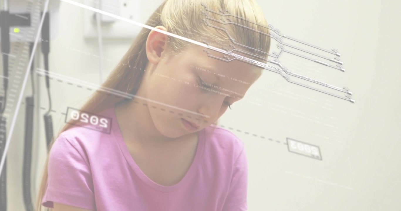 Mädchen hält verbundenes Handgelenk in der Klinik, überlagerte, flackernde Jahre zeigen den Behandlungsverlauf.
