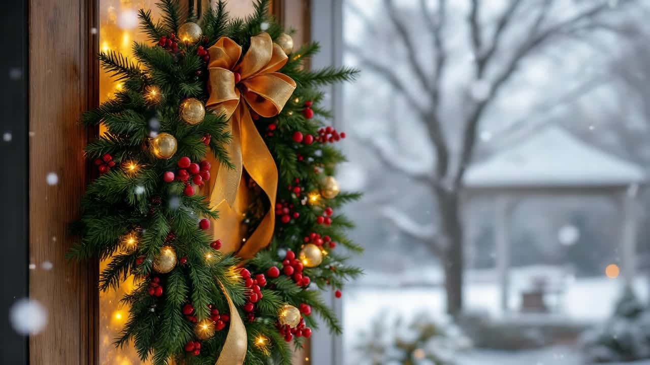 A festive Christmas wreath on a door with a snowy winter background