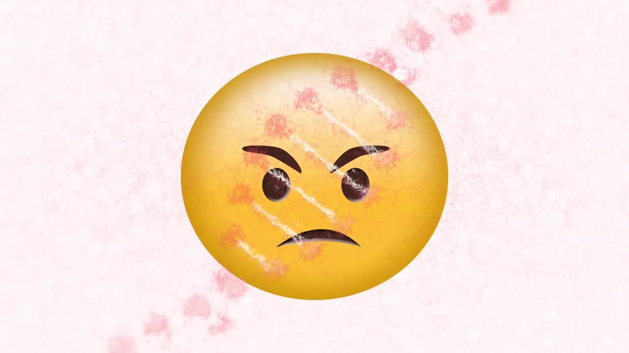 dna 구조의 디지털 애니메이션이  ⁇  배경에 화난 얼굴 이모티콘을 돌고 있습니다.