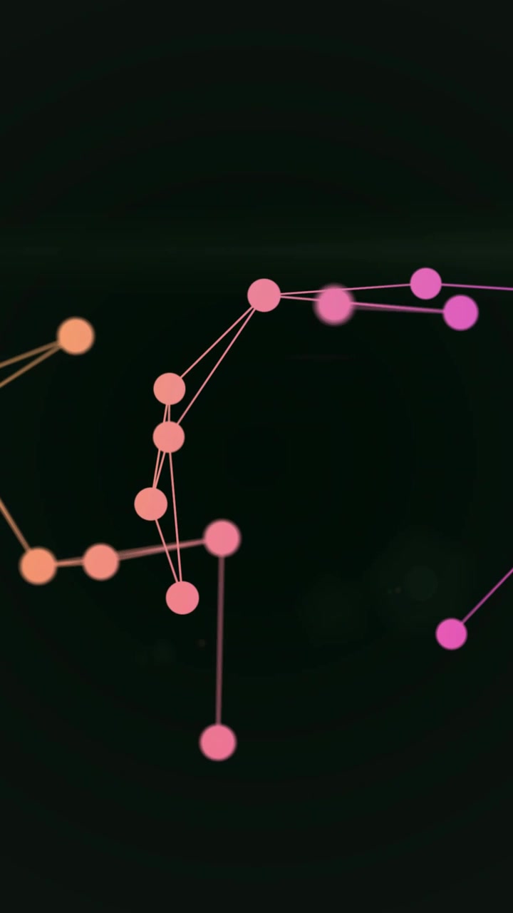 Glowing nodes forming data network on dark digital screen, green beam crossing causing merging