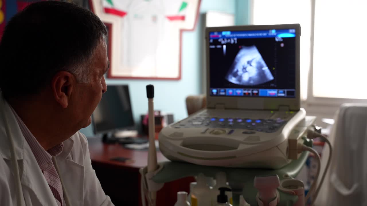 Gynecologist examines an ultrasound screen, emphasizing medical focus and care
