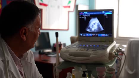 gynecologist examines an ultrasound screen, emphasizing medical focus and care