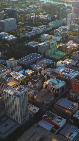 contemporary urban architecture with lots of greenery. amazing sacramento city in the rays of setting sun from aerial view. vertical video