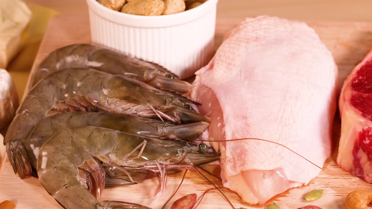 다양한 고기, 해산물, 견과류, 달