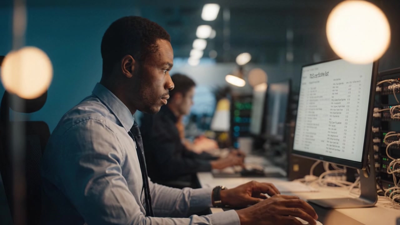 Focused Professional Working in Modern Office Environment Analyzing Data on Dual Monitors with Soft Ambient Lighting Enhancing Productive Atmosphere of Technology