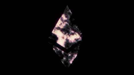 animation of ethereum crypto currency hologram symbol spinning over black background