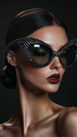 a chic fashion model sporting bold sunglasses immersed in dramatic play of lighting