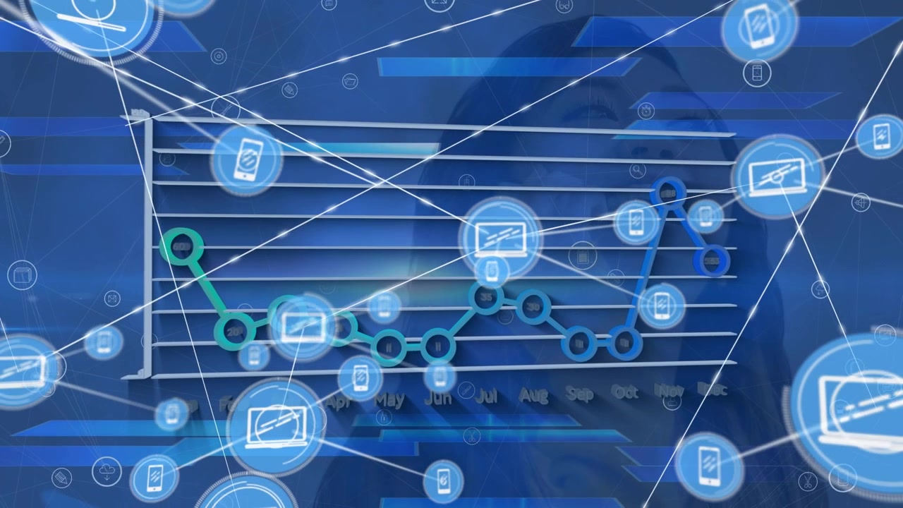 Animation of network of media icons over graph and processing data on blue