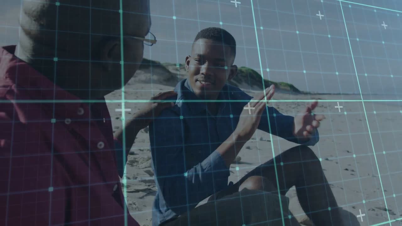Vertical video: Talking man blue seeking aid as glassed senior placing hand on shoulder, cyan grid