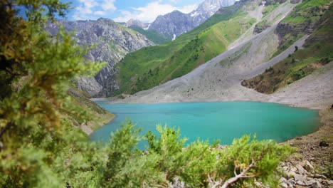 lake in the mountains of uzbekistan. view through pine trees. central asia tian shan mountains, lake badak. 1 of 27