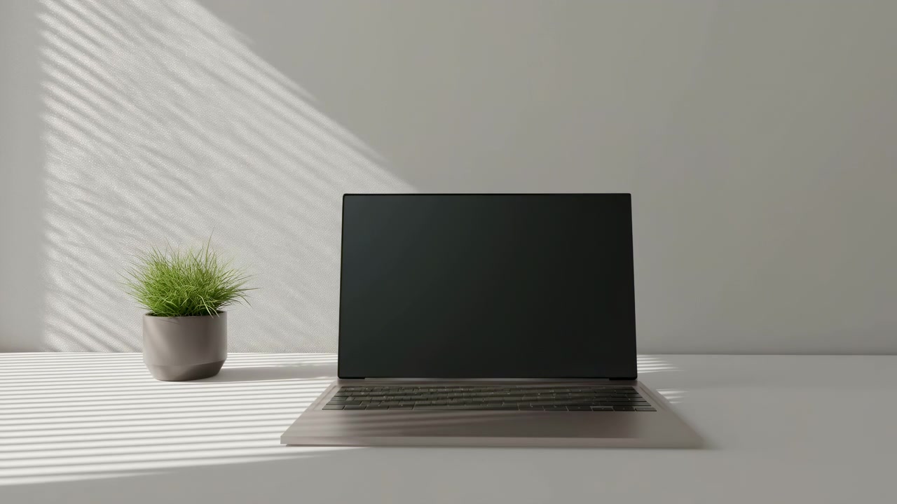 Skrivebordsscene set forfra, der viser åben bærbar computer med mørk blank skærm og synligt tastatur centreret på hvidt bord, lille potteplante med græs placeret til venstre, diagonale persienneskygger krydser overfladen og