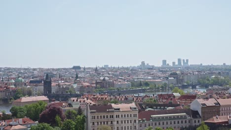 panning right panorama of prague's old town with vltava river in czech republic