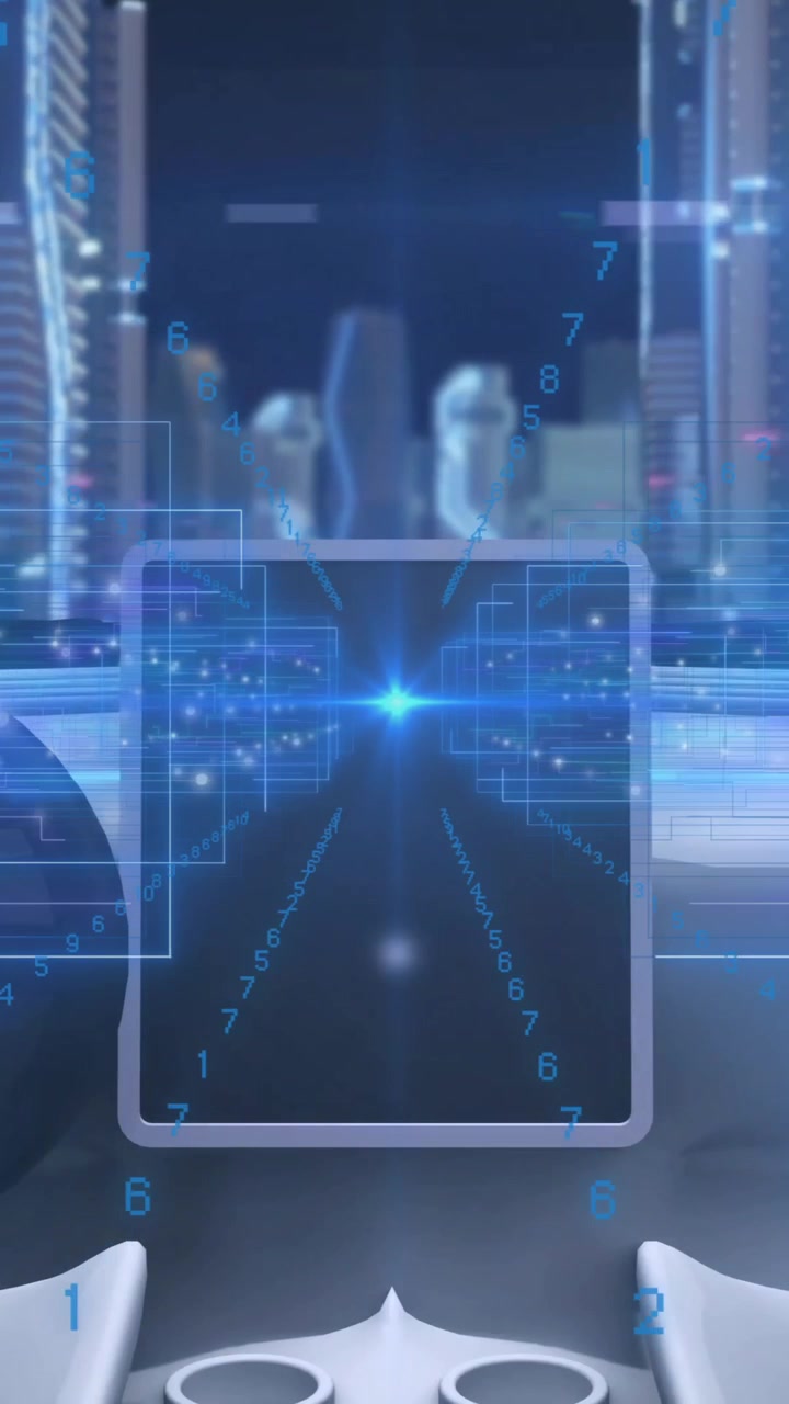 Digital interface overlay showing data and technology elements in futuristic cityscape