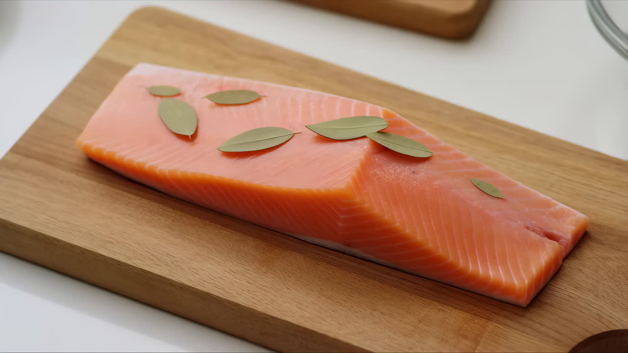 Filetto di salmone crudo con foglie di alloro su un tagliere di legno