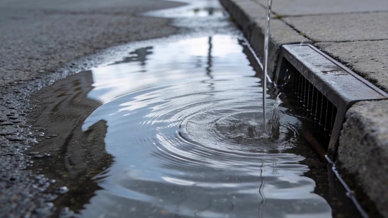 Creating ripples, thin water stream hitting puddle at curb from runoff, draining toward metal grate
