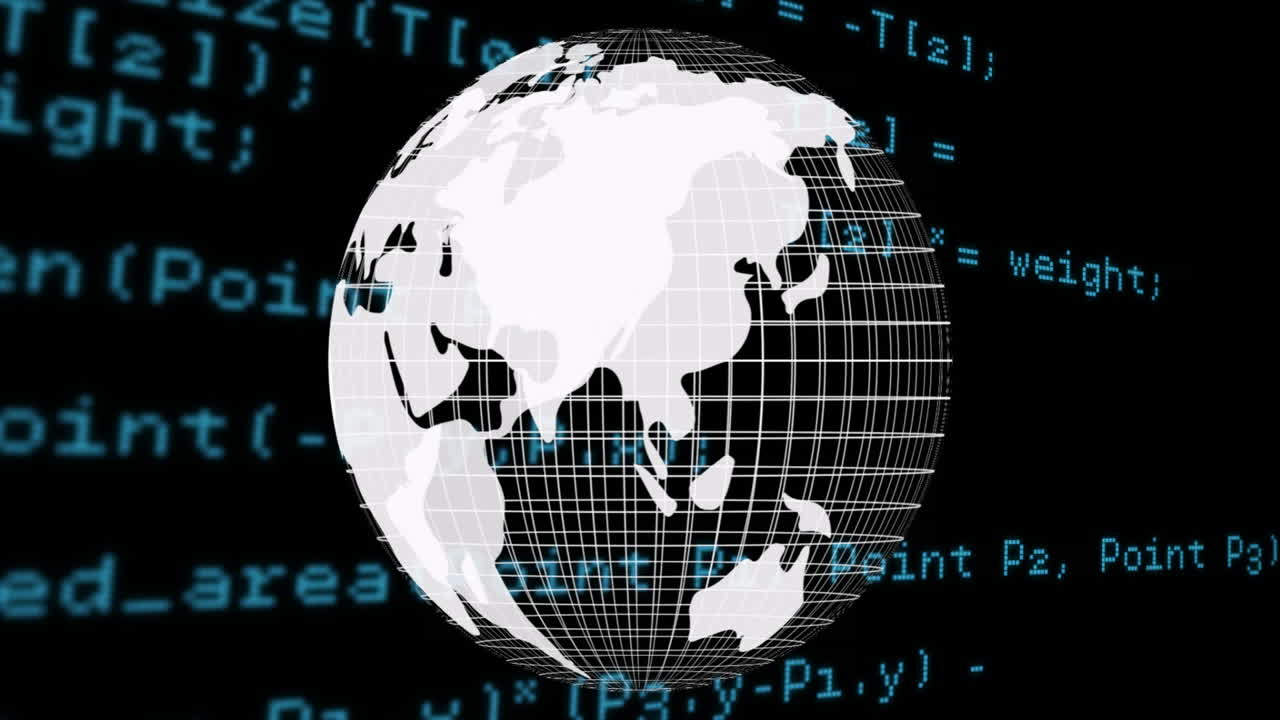 Rotating globe with grid lines over blue programming code animation