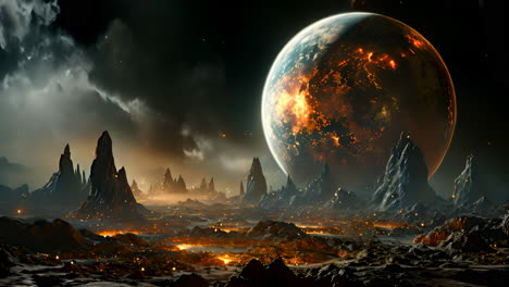 dramatic landscape featuring a fiery planet and rock formations at dusk