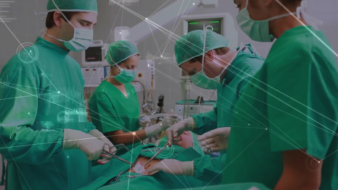 Surgeons operating on patient with network connections and data processing animation