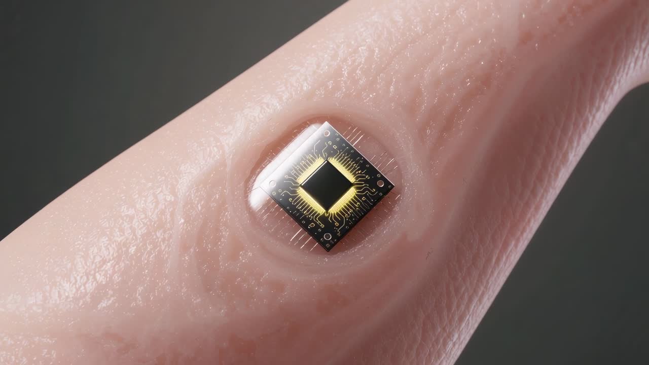 Mostrando a ponta do dedo com um chip iniciando um brilho, iluminando em um estúdio macro, revelando uma cúpula e traços dourados