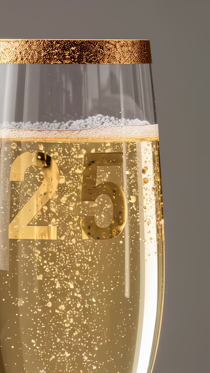 Vertical video: Bubbling tall champagne flute rising bubbles after pour in studio with gold 25