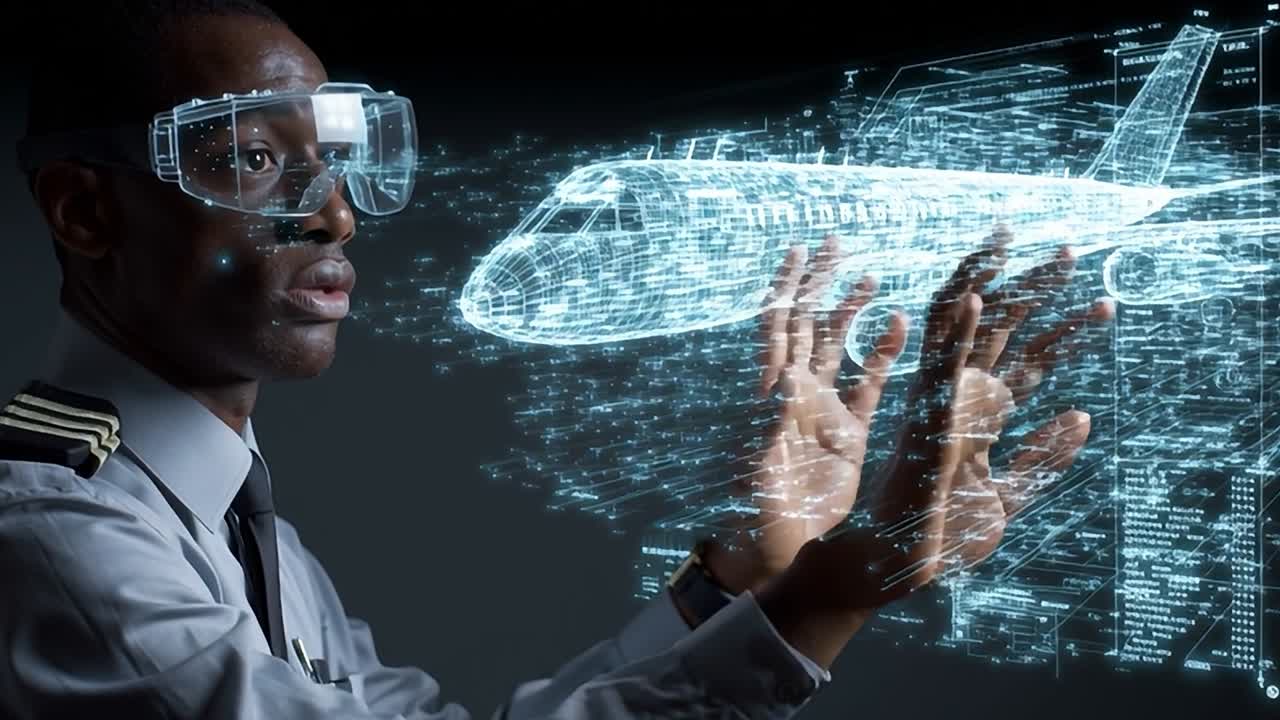 Pilota che utilizza la tecnologia della realtà aumentata per l'interazione nella gestione del volo