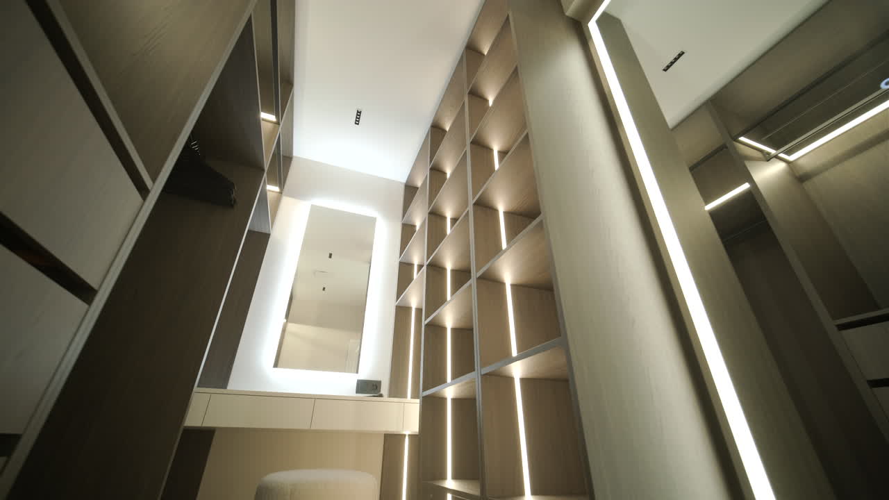 Cabina armadio moderna con illuminazione integrata e toeletta