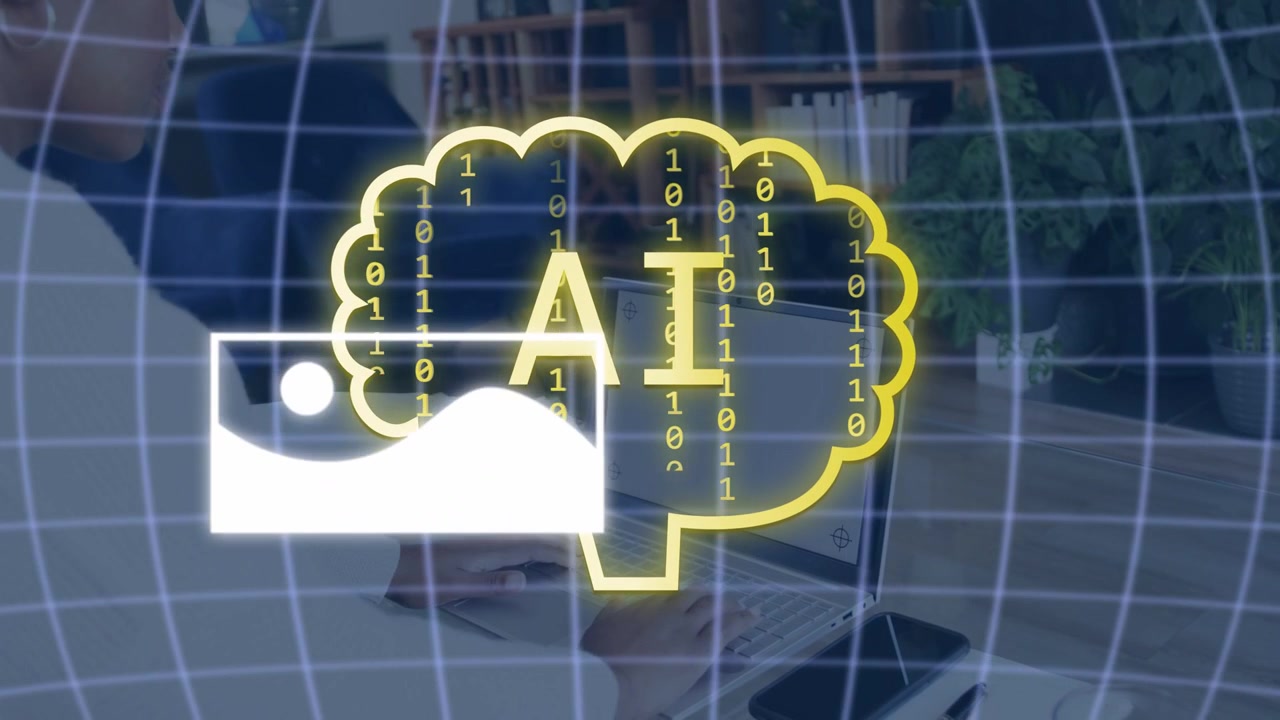Woman typing on laptop, activating AI brain overlay processing chats and charts for data insights