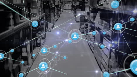 animation of network of connections with icons over warehouse