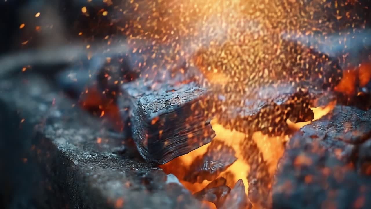 Et fascinerende glimt af glødende trækul, funklende flammer og iriserende gnister, mens de danser gennem luften og skaber en fortryllende atmosfære af varme og lys.