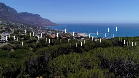 animación del procesamiento de datos sobre una vista aérea del paisaje con árboles, montañas, paisaje urbano y mar.