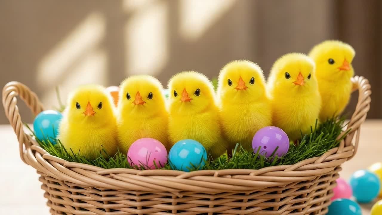 Vibrant Yellow Chicks Surrounded by Colorful Easter Eggs Nestled in a Cozy Basket with a Soft Background, Capturing Spring's Joy and Playfulness
