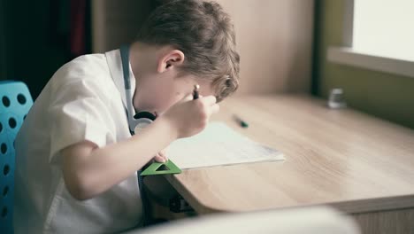 schoolboy doing homework close up