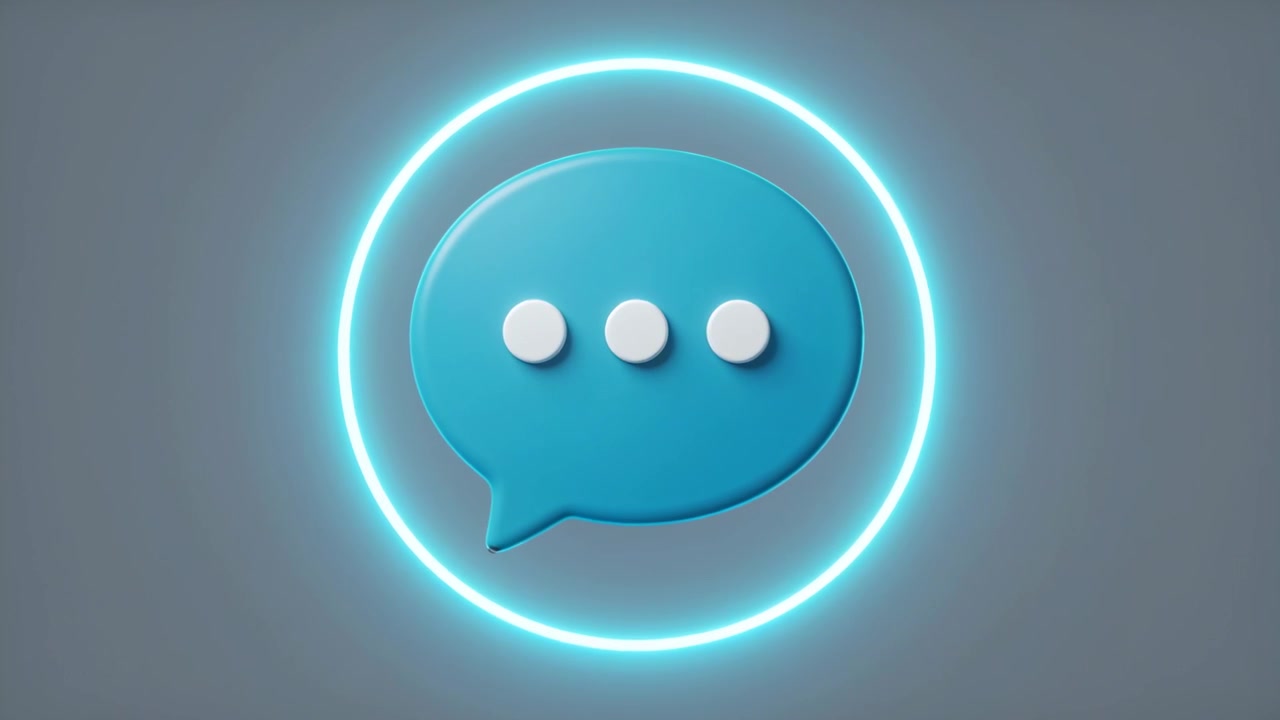 Loop starter turkis boble med 3 prikker, der pulserer og skalerer på gråt panel, cyan ring signalerer chat.