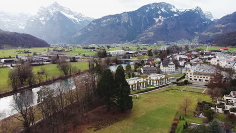 Aerial perspective of Weesen and its river in canton St. Gallen, Switzerland.