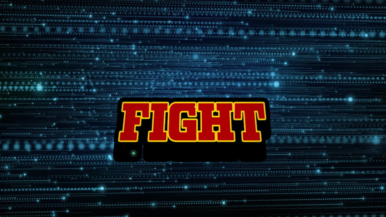 검은색 배경에 반이는 파란색 빛의 흔적과 반점 위에 싸움 텍스트 배너의 애니메이션