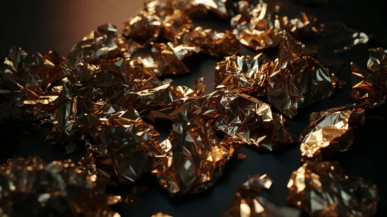 Glinting side light causing lens revealing crumpled gold foil world map on matte black table