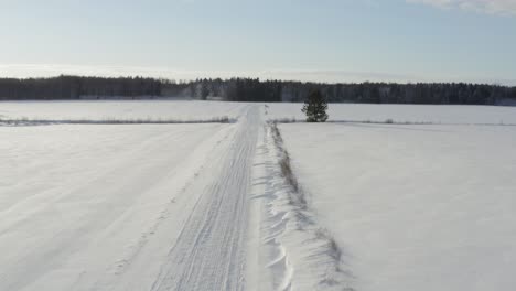 Aerial-winter-snow-road-near-forest-in-countryside-during-clear-sunny-day