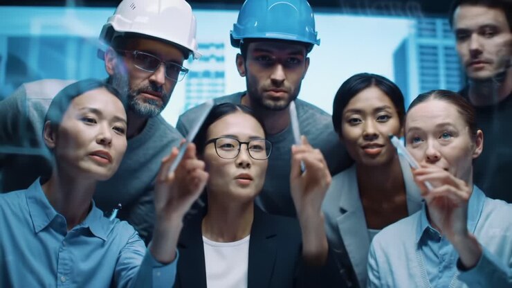 Team di professionisti collabora alla strategia di progetto in un moderno ambiente ufficio