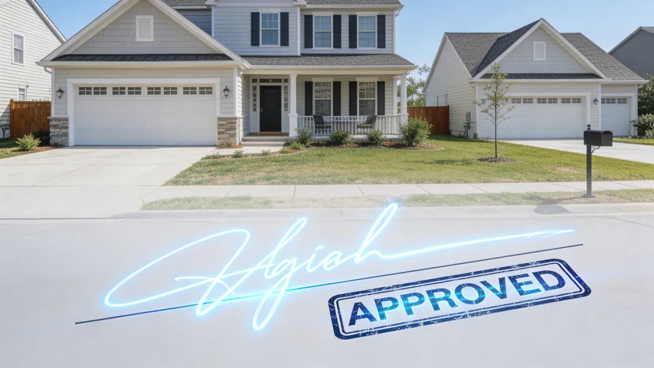 Una firma neon in corsivo e un timbro "APPROVATO" vengono proiettati su una strada suburbana accanto a una casa a due piani centrale.