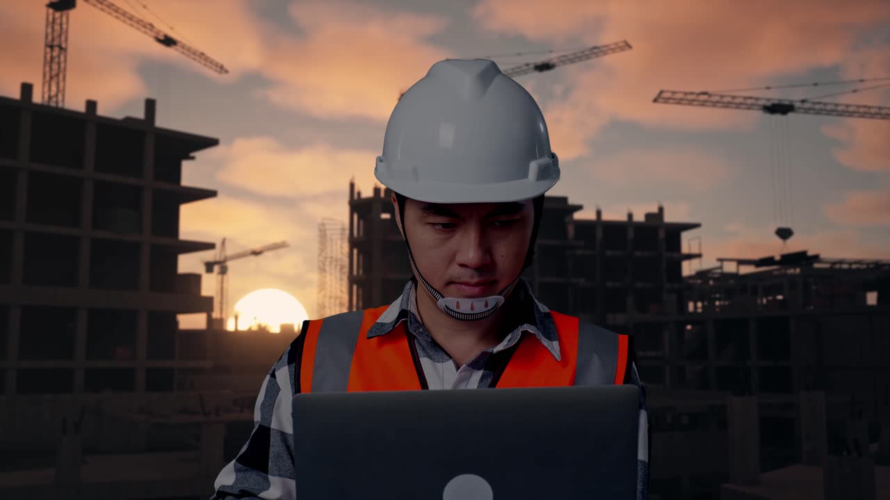 Close Up Of Asian Male Engineer With Safety Helmet Working On A Laptop While Standing At Building & Construction Site in Progress to New House