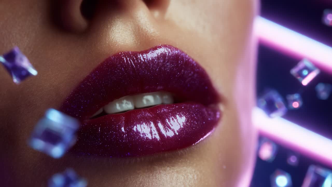 Lèvres violettes brillantes avec des cubes flottants