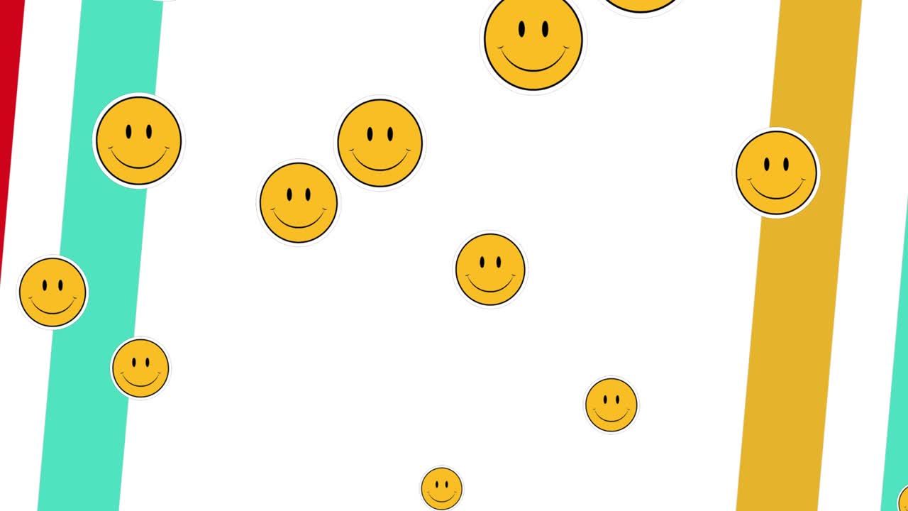 ⁇ 색 배경에 다채로운 줄무 ⁇  위에 미소 짓는 이모티콘의 애니메이션