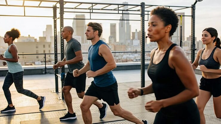 Signaling instructor in black tank mic leading rooftop group warming-up with high-knees near TRX