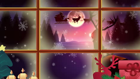 animación de la escena de navidad de invierno con el trineo de santa visto a través de la ventana
